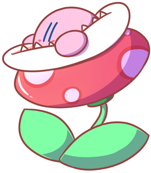 blue_eyes blush_stickers colored_skin commentary english_commentary kirby kirby_(series) leggy_(leggyre) nintendo no_humans open_mouth pink_skin piranha_plant plant sharp_teeth super_mario_bros. teeth transparent_background