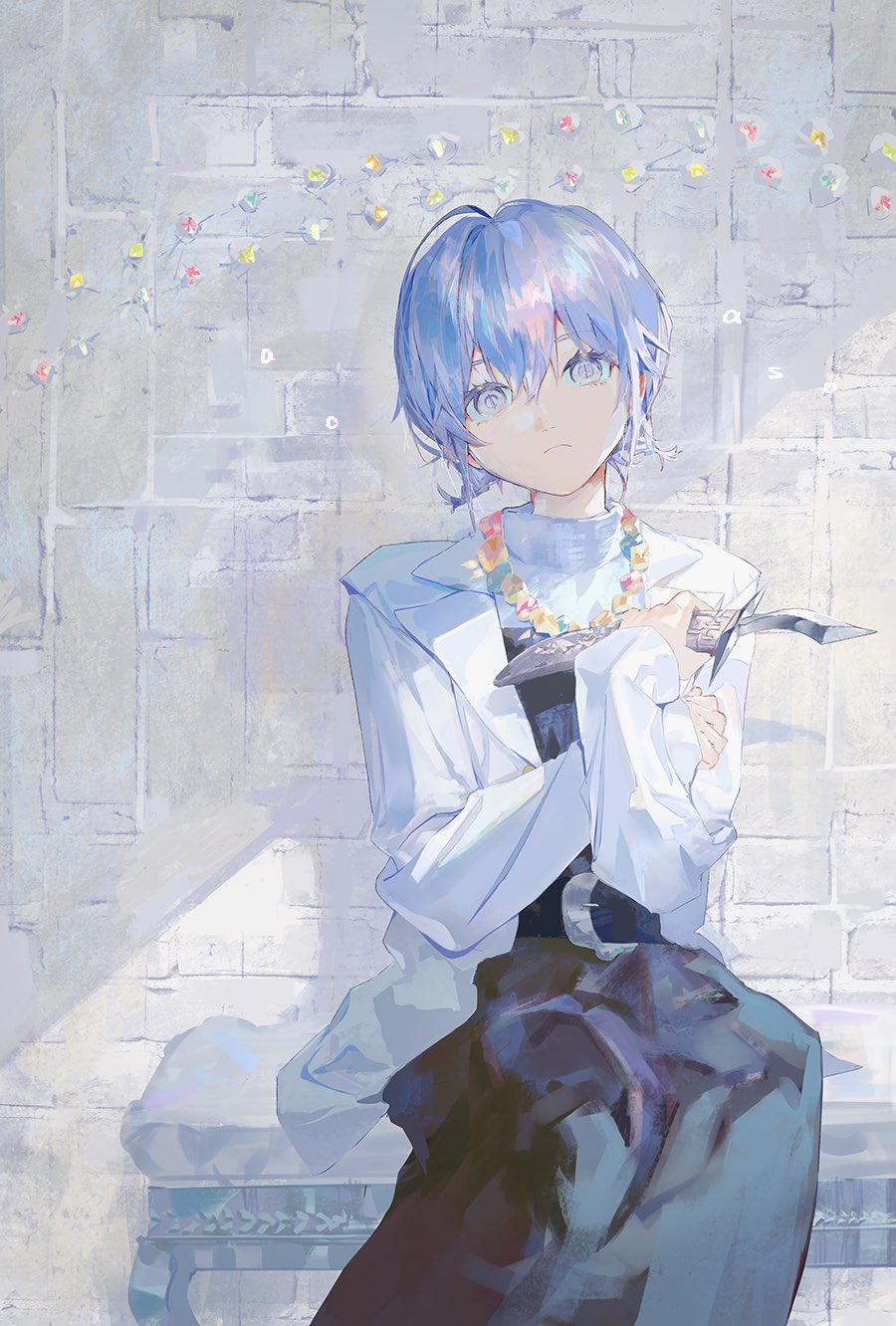 1girl aoaso bangs black_dress blue_eyes blue_hair brick_wall closed_mouth dagger dress flower flower_necklace highres holding holding_dagger holding_knife holding_weapon jacket knife light_frown long_sleeves looking_at_viewer original seat sheath short_hair sitting solo weapon white_background white_jacket