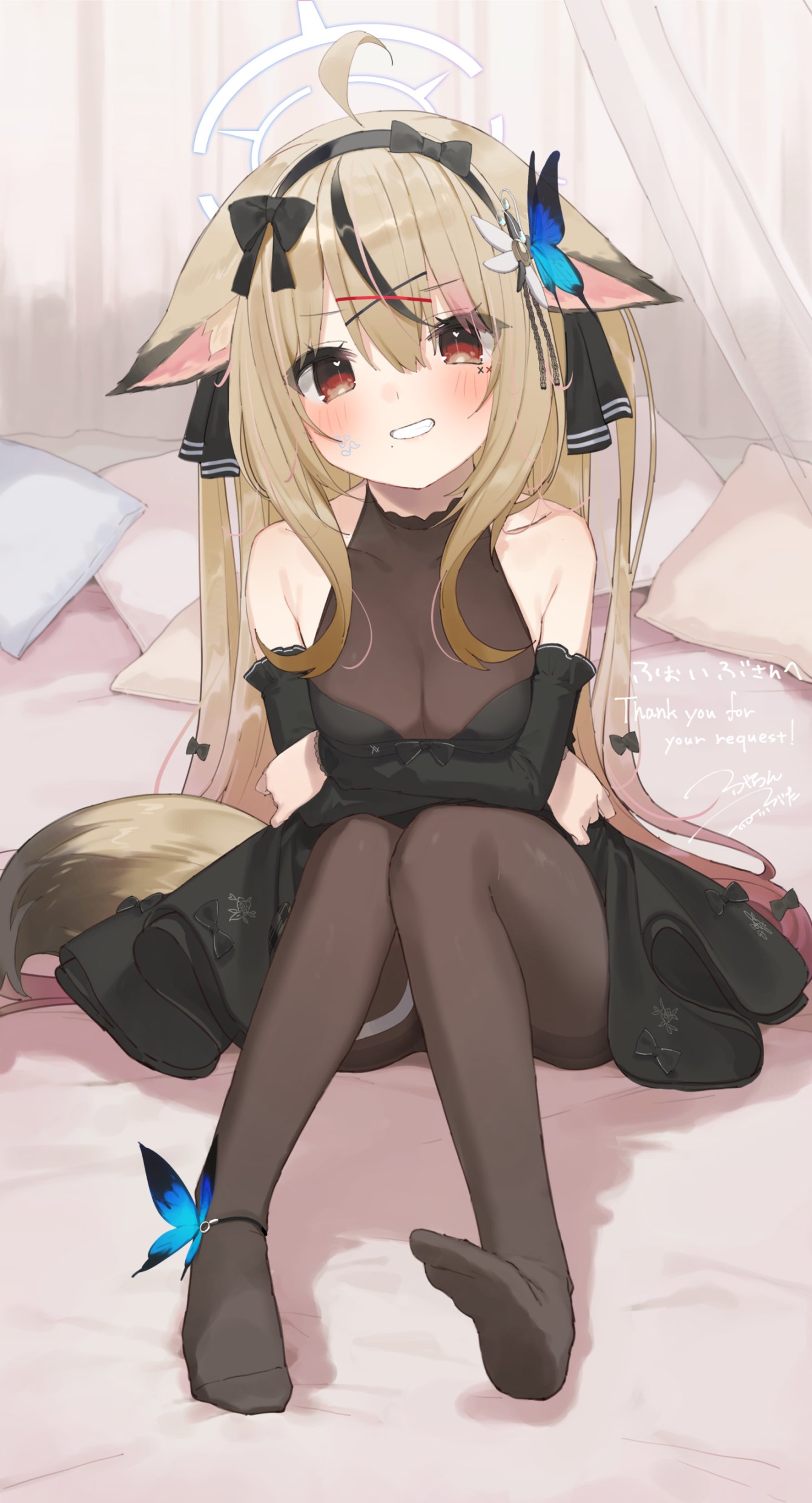1girl absurdres animal_ear_fluff animal_ears ankle_ribbon bare_shoulders black_dress black_hair black_pantyhose black_thighhighs blonde_hair breasts buran_buta butterfly_hair_ornament character_request check_character check_copyright commission copyright_request detached_sleeves dress ears_down fox_ears fox_girl hair_ornament hairband halo happy highres leg_ribbon long_hair multicolored_hair no_shoes on_bed pantyhose pillow red_eyes ribbon short_dress signature sitting skeb_commission sleeveless sleeveless_dress small_breasts smile thigh-highs thighband_pantyhose two-tone_hair very_long_hair vrchat