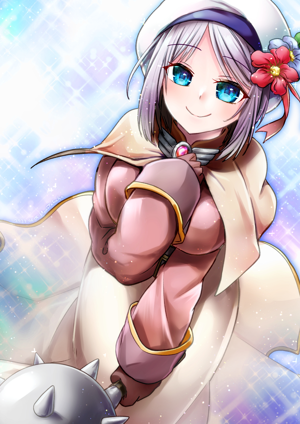 1girl acolyte_(ragnarok_online) bangs blue_eyes blue_flower blush breasts brown_capelet brown_gloves brown_shirt brown_skirt capelet closed_mouth commentary_request cowboy_shot flower gloves grey_hair hat hat_flower highres holding_mace large_breasts long_sleeves looking_at_viewer mace parted_bangs ragnarok_online red_flower shirt short_hair skirt smile solo spiked_mace spikes takaba_momo tam_(ragnarok_online) weapon white_headwear