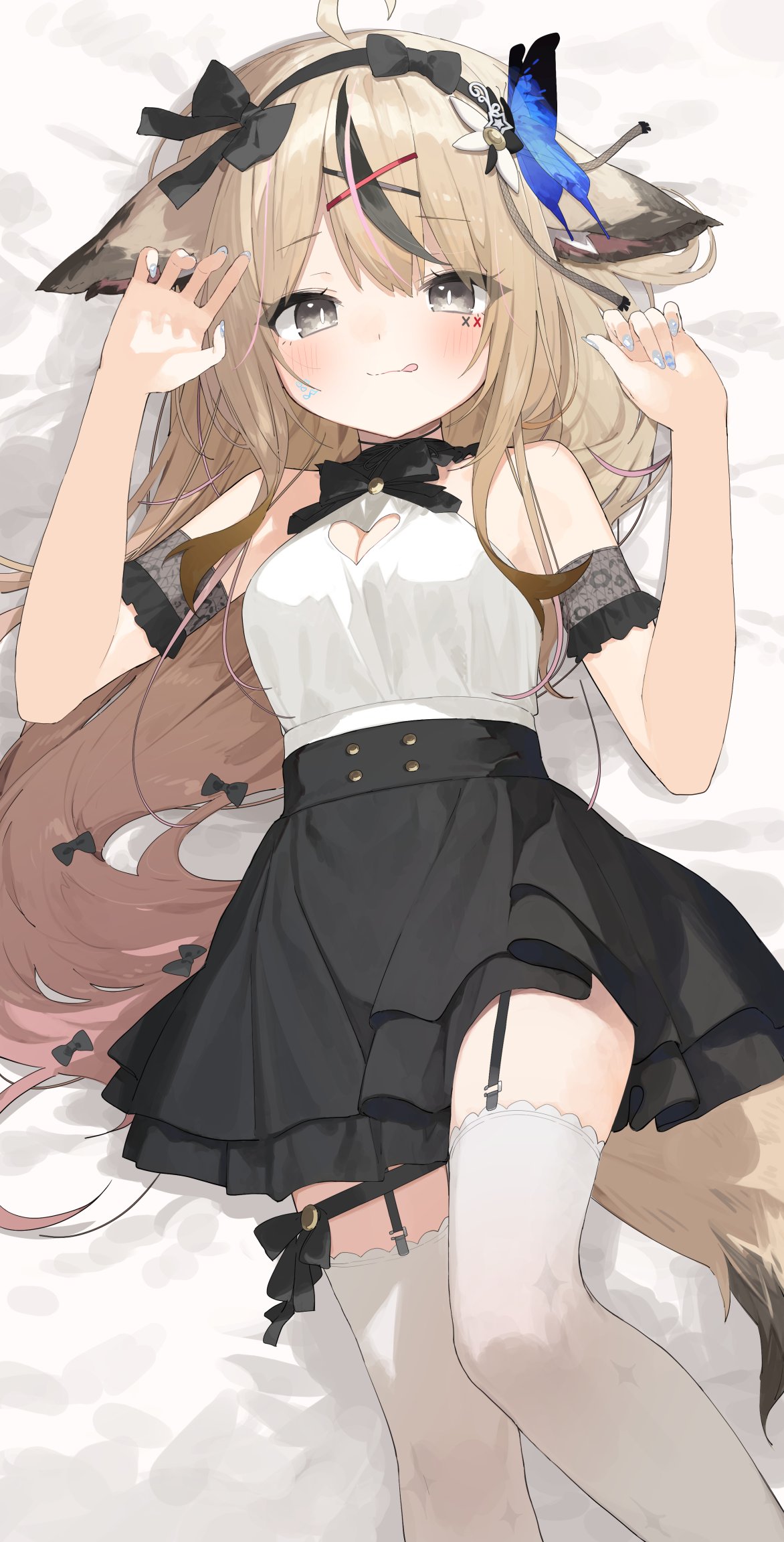 1girl :q animal_ears black_hairband black_skirt blonde_hair breast_cutout breasts buran_buta clothing_cutout commission ears_down fox_ears fox_girl fox_tail garter_straps grey_eyes hairband heart_cutout high-waist_skirt highres lace layered_skirt long_hair looking_at_viewer lying medium_breasts on_back shirt skeb_commission skirt sleeveless sleeveless_shirt solo tail thigh-highs tongue tongue_out vrchat white_shirt white_thighhighs