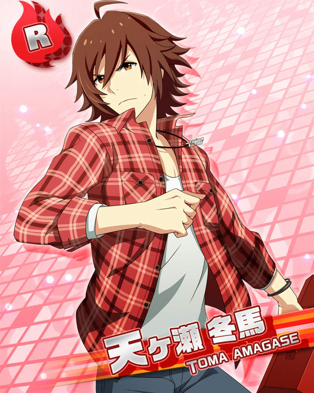 1boy ahoge amagase_touma brown_eyes brown_hair character_name hair_between_eyes idolmaster idolmaster_side-m male_focus official_art open_clothes open_shirt pink_background serious shirt solo third-party_edit translation_request v-shaped_eyebrows white_shirt