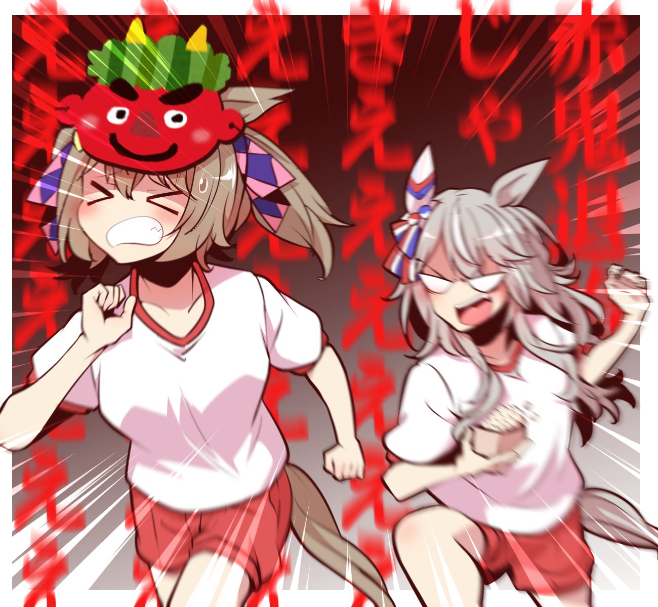 &gt;_&lt; 2girls angry animal_ears breasts brown_hair fleeing grey_hair gym_shirt gym_shorts gym_uniform highres horse_ears horse_girl long_hair mask medium_breasts multiple_girls oni_mask original_race_uniform_(umamusume) red_shorts setsubun shirt shorts simple_background smart_falcon_(umamusume) throwing umamusume white_shirt wonder_acute_(umamusume) yonedatomo_mizu