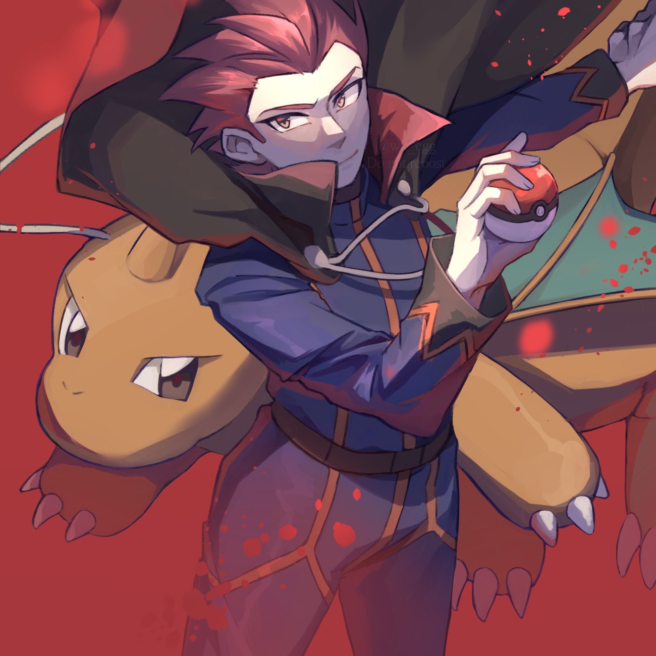 1boy belt cape closed_mouth commentary_request dragonite eko_(wk_egg) floating_cape highres holding holding_poke_ball jacket lance_(pokemon) long_sleeves looking_up male_focus outstretched_arm pants poke_ball poke_ball_(basic) pokemon pokemon_(creature) pokemon_(game) pokemon_hgss red_background redhead short_hair smile spiky_hair