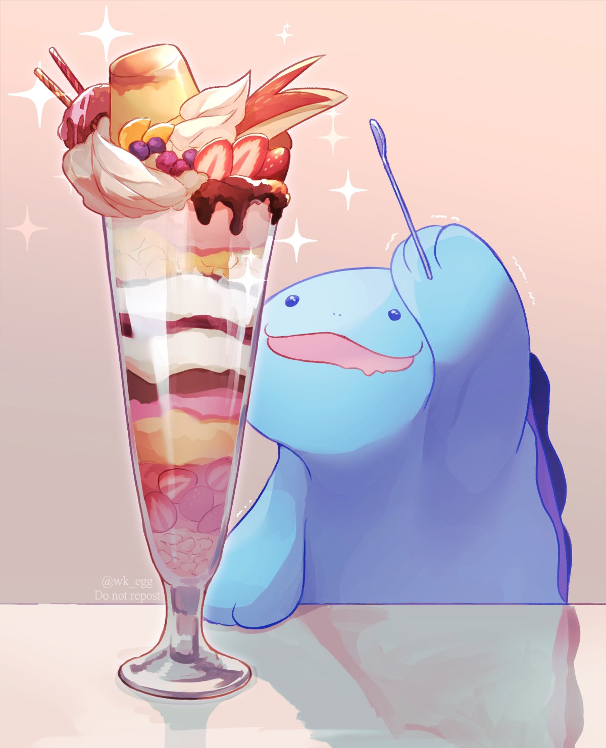 :d blue_eyes commentary_request dessert drooling eko_(wk_egg) food highres holding holding_spoon looking_up mouth_drool no_humans open_mouth parfait pokemon pokemon_(creature) quagsire reflection smile solo sparkle spoon trembling twitter_username watermark