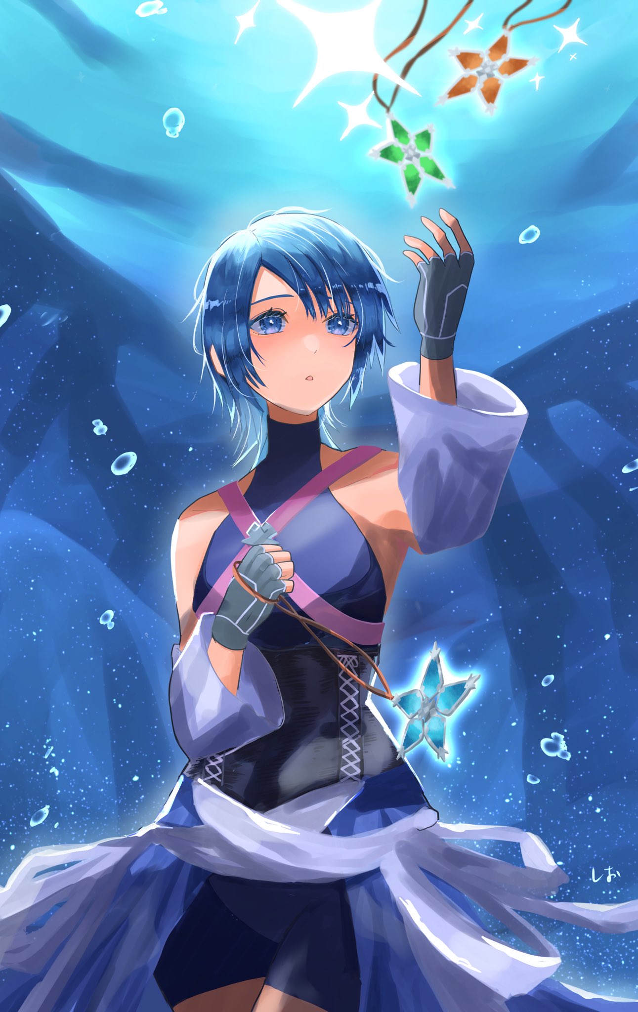 1girl aqua_(kingdom_hearts) bangs bare_shoulders bike_shorts blue_eyes blue_hair chest_strap detached_sleeves fingerless_gloves gloves highres holding holding_jewelry holding_necklace jewelry kingdom_hearts kingdom_hearts_birth_by_sleep looking_up necklace parted_lips short_hair shorts solo star_(symbol) star_necklace xionnoewokakuyo