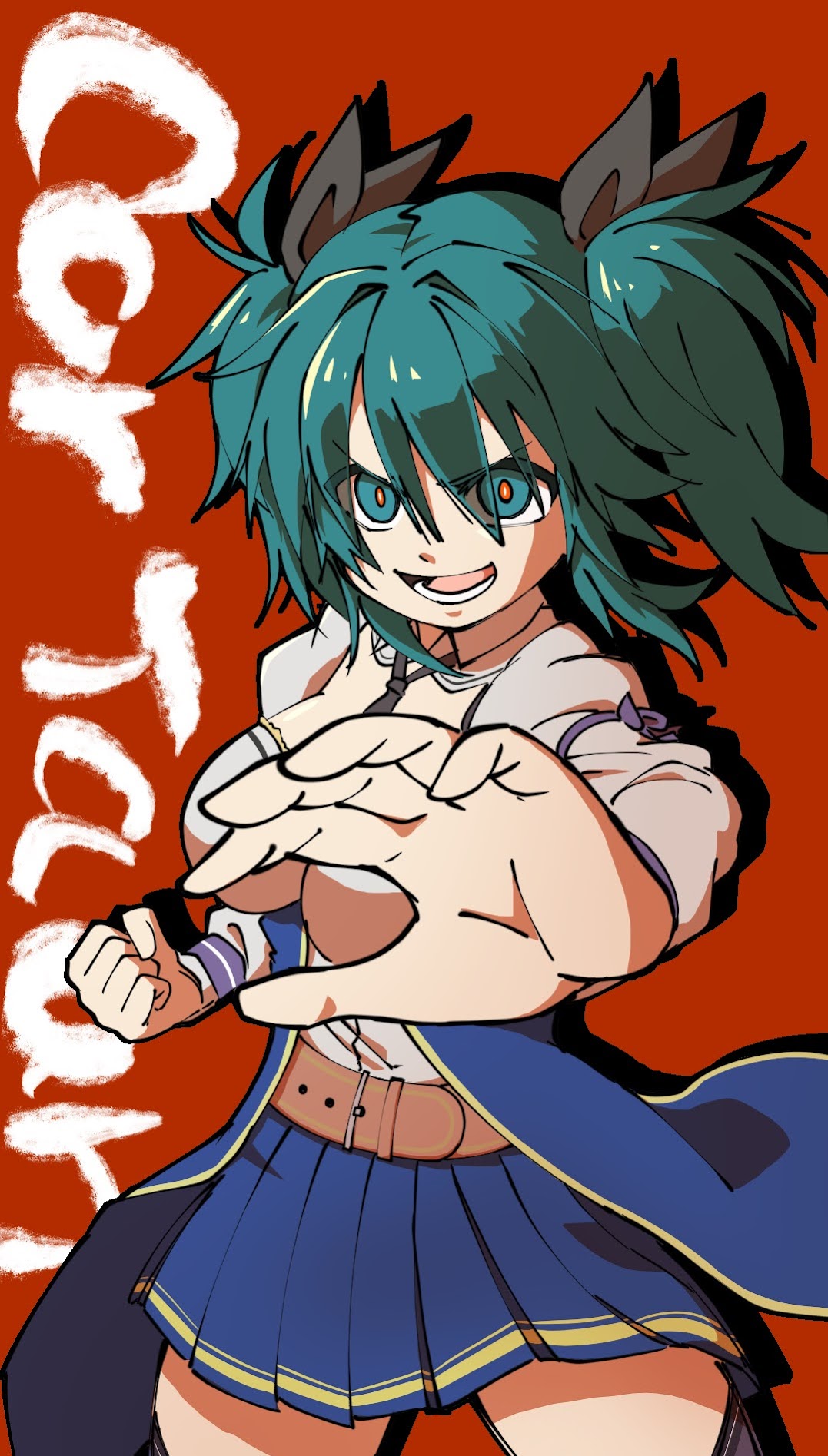 1girl aqua_eyes aqua_hair assault_lily bangs belt black_necktie black_ribbon blue_skirt breasts brown_belt brown_thighhighs clenched_hand collared_shirt commentary_request cowboy_shot fighting_stance foreshortening hair_between_eyes hair_ribbon hand_up highres hyhr96 juliet_sleeves large_breasts long_sleeves looking_at_viewer lower_teeth_only medium_hair miniskirt necktie odaiba_girls_high_school_uniform open_mouth outstretched_arm pleated_skirt puffy_sleeves reaching_towards_viewer red_background red_pupils ribbon school_uniform shirt simple_background skirt smile solo standing suzuki_chinami teeth thigh-highs twintails v-shaped_eyebrows waist_cape white_shirt