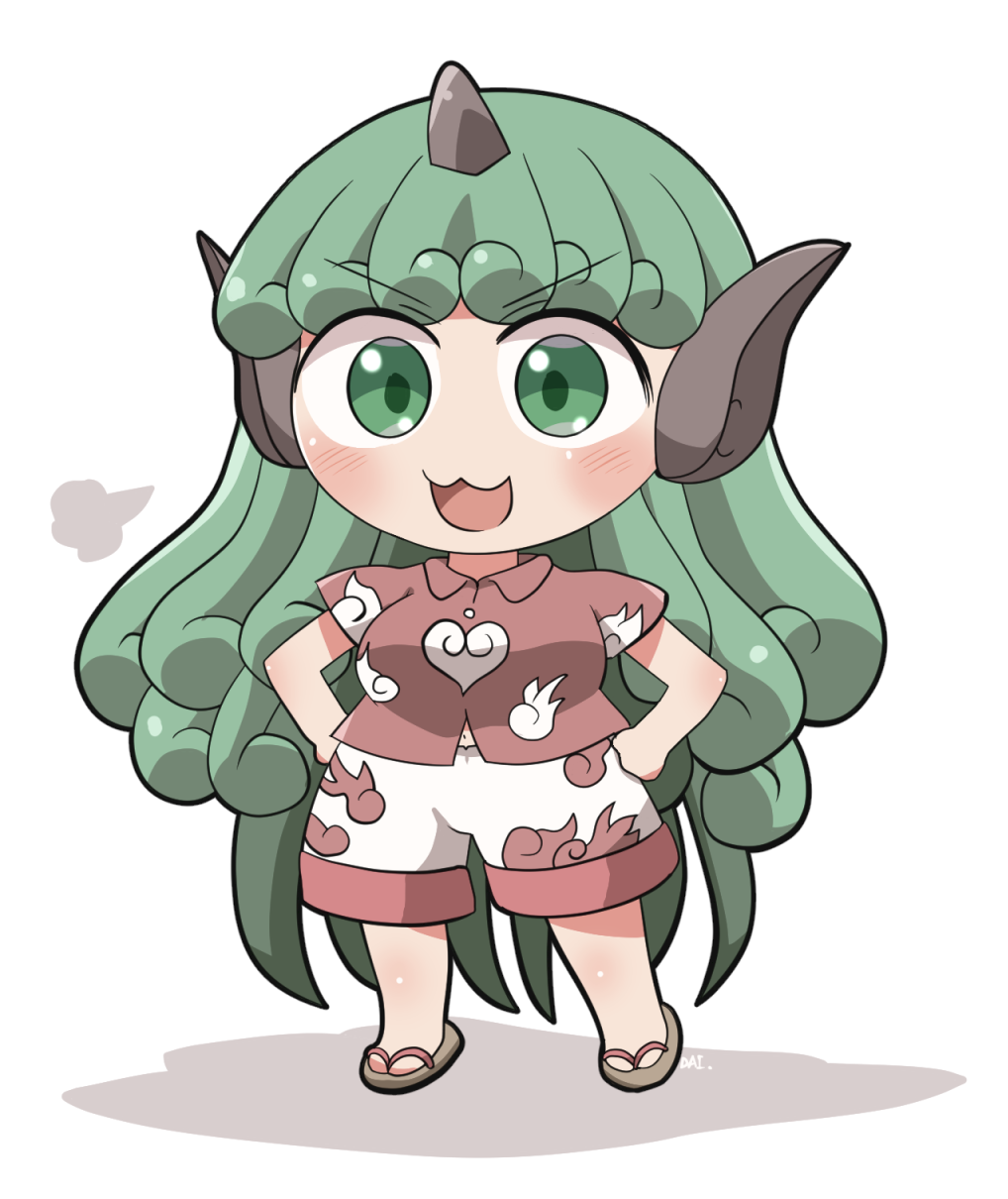 1girl blush cloud_print collared_shirt curly_hair full_body green_eyes green_hair highres horns kariyushi_shirt komano_aunn long_hair navel open_mouth red_shirt rokugou_daisuke shirt short_sleeves shorts signature simple_background single_horn smile solo touhou white_background white_shorts zouri