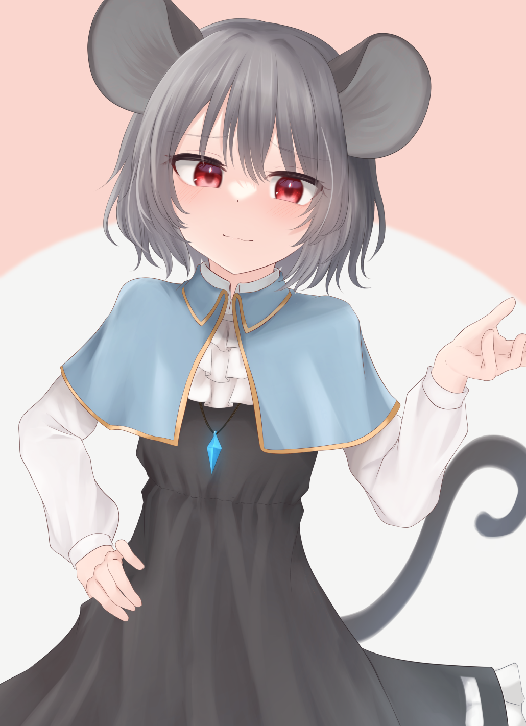 1girl animal_ears bangs blue_capelet blush capelet closed_mouth commentary_request cowboy_shot crystal dakuazu dress grey_dress grey_hair highres jewelry long_sleeves looking_at_viewer mouse_ears mouse_girl mouse_tail nazrin paid_reward_available pendant pink_background red_eyes shirt short_hair smile solo tail touhou two-tone_background white_background white_shirt
