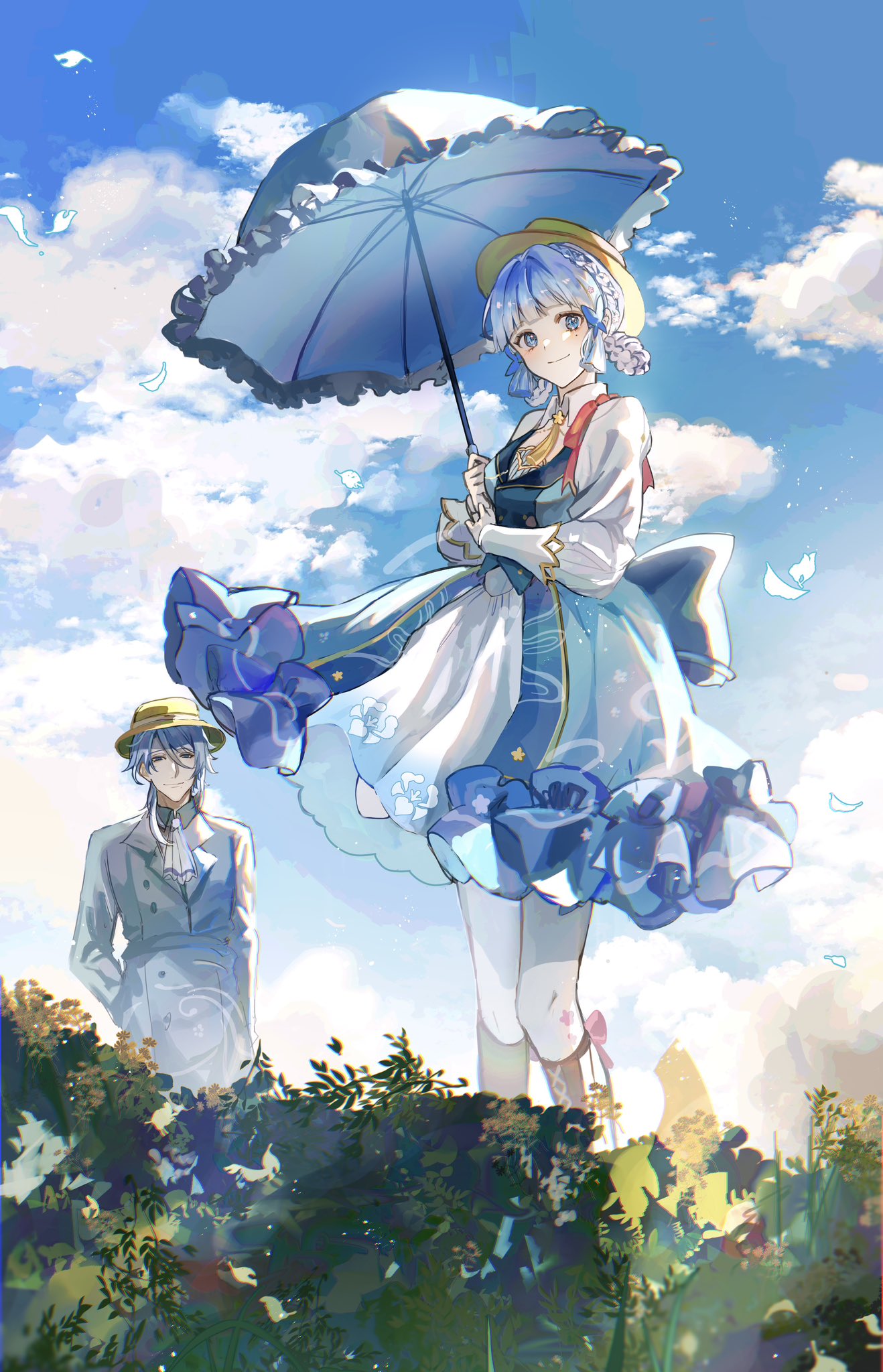 1boy 1girl bangs blue_eyes blue_hair blue_sky blunt_tresses boots braid brother_and_sister brown_footwear brown_headwear butterfly_hair_ornament closed_mouth clouds collar crown_braid dress fine_art_parody frilled_dress frills genshin_impact hair_ornament hair_up hat highres holding holding_umbrella kamisato_ayaka kamisato_ayaka_(springbloom_missive) kamisato_ayato knee_boots light_blue_hair long_sleeves looking_at_viewer mole mole_under_eye multicolored_clothes multicolored_dress neck_tassel official_alternate_costume official_alternate_hairstyle pantyhose parody puffy_long_sleeves puffy_sleeves siblings sky smile umbrella white_collar white_pantyhose woman_with_a_parasol zaza_(zazam_s)
