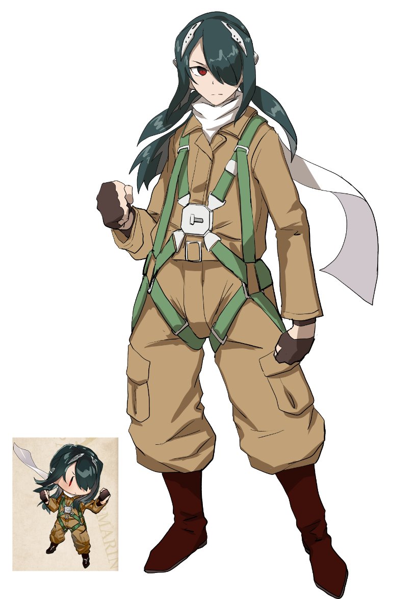 1girl baggy_pants boots boushi-ya brown_footwear brown_gloves brown_jacket brown_pants clenched_hands commentary_request empty_eyes fairy_(kancolle) fingerless_gloves full_body gloves green_hair hair_over_one_eye jacket kantai_collection pants pilot red_eyes reference_inset scarf simple_background white_background white_scarf