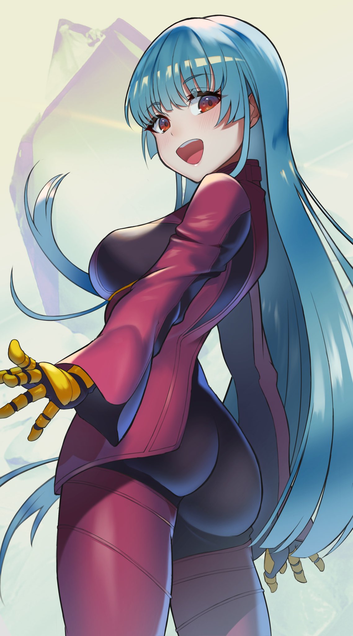 1girl ass bangs blue_hair bodysuit breasts cowboy_shot gloves highres kula_diamond long_hair looking_at_viewer looking_back medium_breasts sato_one1 simple_background smile the_king_of_fighters the_king_of_fighters_xv violet_eyes white_background