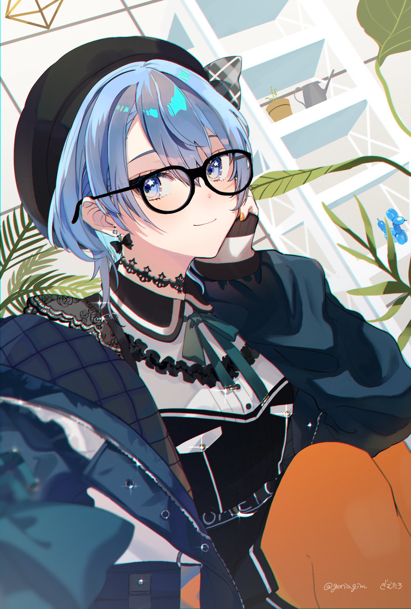 1girl artist_name belt beret black_dress black_headwear blue_eyes blue_hair bow bowtie breast_pocket closed_mouth collared_dress commentary dress earrings feet_out_of_frame gim_(gim-gim-3919) glasses glint green_jacket hat highres hololive hoshimachi_suisei jacket jewelry looking_at_viewer official_alternate_costume open_clothes open_jacket orange_pantyhose pantyhose plant pocket selfie shelf short_hair sleeves_past_wrists smile solo squatting star_(symbol) star_in_eye symbol_in_eye twitter_username virtual_youtuber