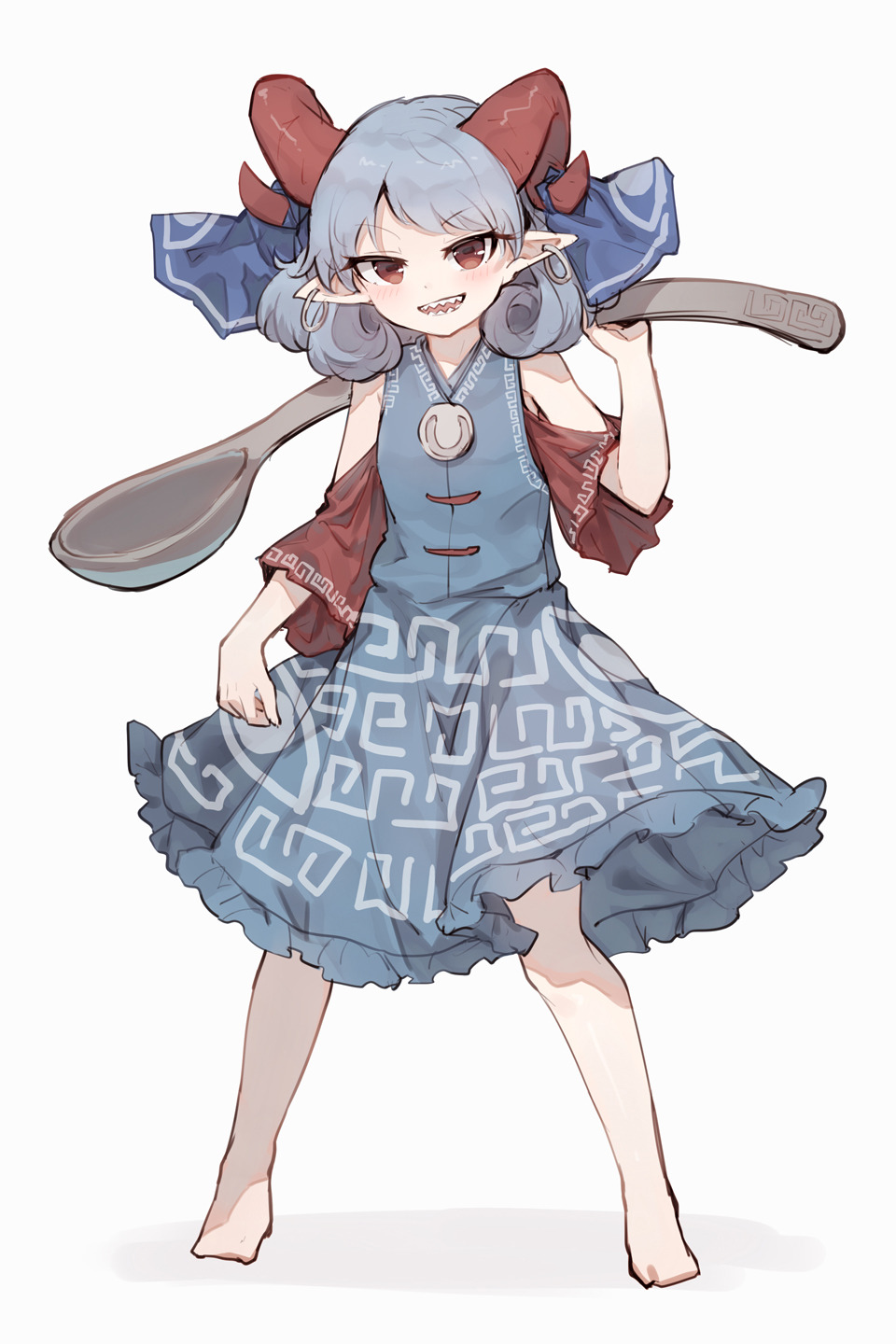 1girl bare_shoulders barefoot blue_dress blue_ribbon blush dress earrings full_body grey_hair highres holding holding_spoon horn_ornament horn_ribbon horns jewelry open_mouth oversized_object pointy_ears rectangular_pupils red_eyes red_horns red_sleeves ribbon sharp_teeth sheep_horns shone short_hair simple_background smile solo spoon standing teeth touhou toutetsu_yuuma white_background
