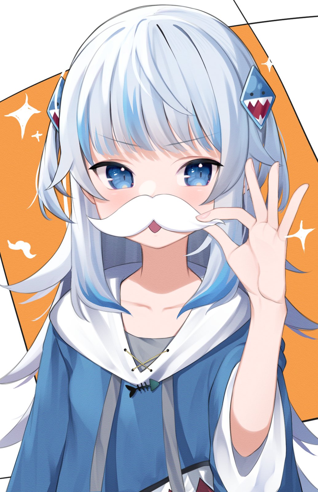 1girl animal_hood bangs blue_eyes blue_hair blue_hoodie blunt_bangs collarbone commentary facial_hair fake_facial_hair fake_mustache gawr_gura grey_hair hair_ornament highres hololive hololive_english hood hoodie lazu0721 looking_at_viewer medium_hair multicolored_hair mustache shark_hair_ornament shark_hood streaked_hair two_side_up virtual_youtuber