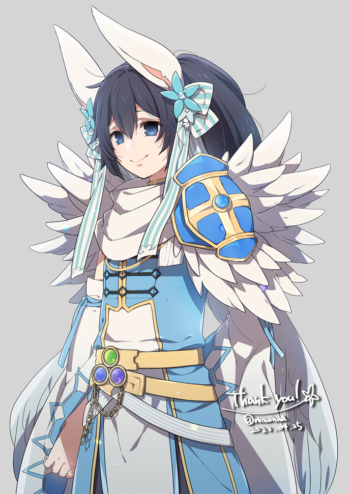 1boy alternate_color animal_ears armor bangs belt black_hair blue_armor blue_bow blue_eyes blue_flower blue_sleeves bow chain closed_mouth commentary_request commission cowboy_shot dated detached_sleeves feathered_wings flower grey_background hair_between_eyes hair_bow hair_flower hair_ornament high_ponytail long_hair looking_at_viewer male_focus moni official_alternate_costume pauldrons pelvic_curtain rabbit_ears ragnarok_online scarf shoulder_armor signature simple_background single_pauldron skeb_commission sleeveless_coat smile solo sorcerer_(ragnarok_online) striped striped_bow two-tone_sleeves white_bow white_scarf white_sleeves white_wings wings yellow_belt