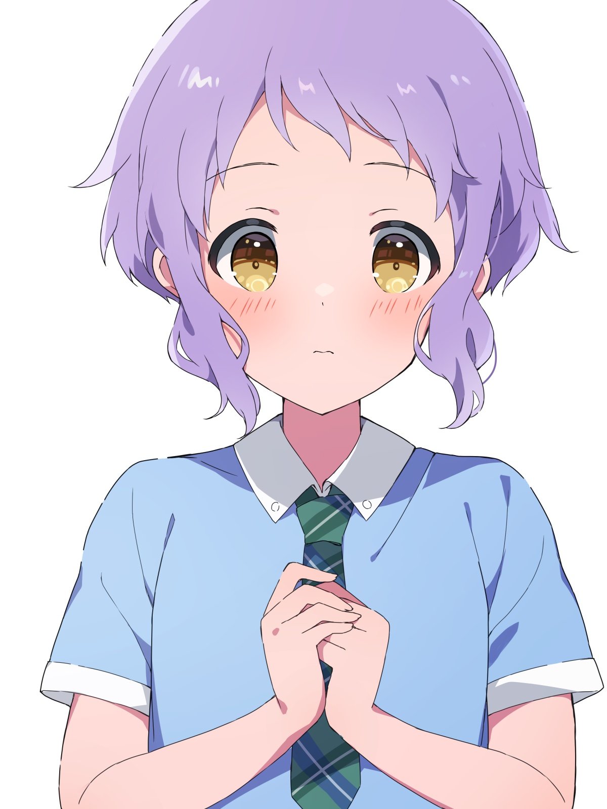 1girl blue_shirt blush green_necktie highres idolmaster idolmaster_million_live! looking_at_viewer makabe_mizuki mochigome_(ununquadium) necktie own_hands_together plaid_necktie purple_hair shirt short_hair short_sleeves sidelocks simple_background solo upper_body white_background yellow_eyes