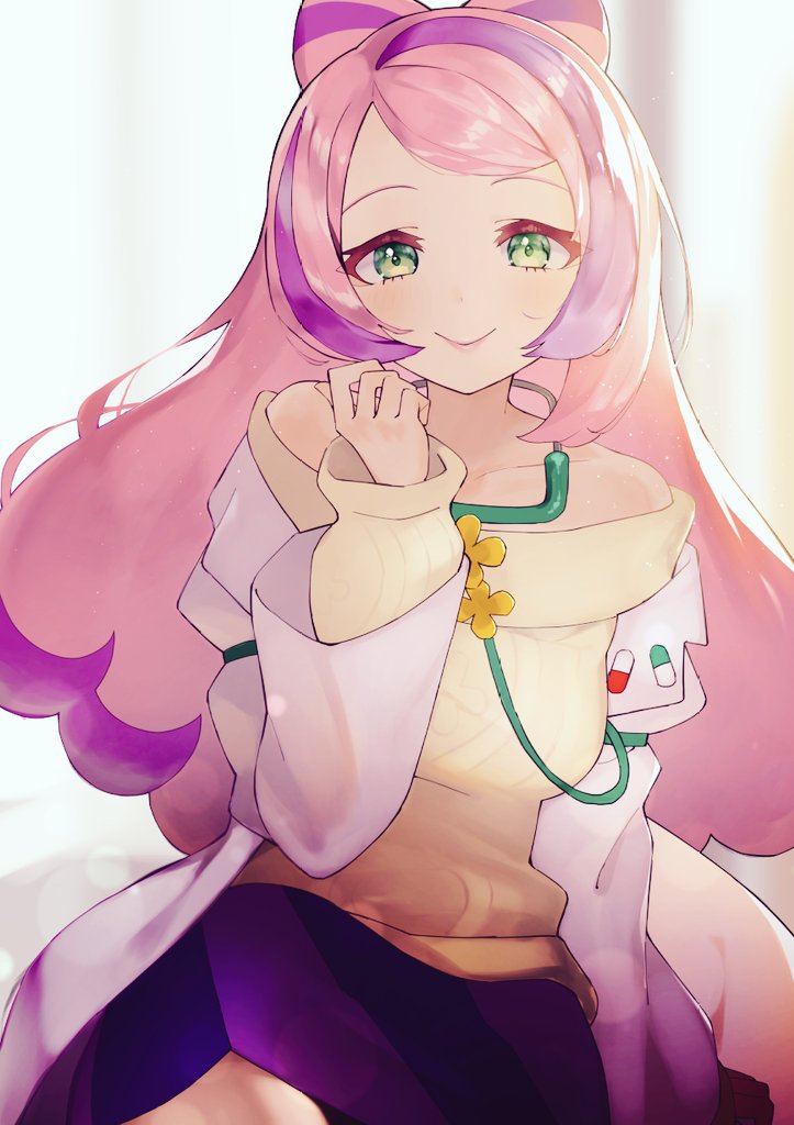 1girl closed_mouth coat green_eyes long_hair long_sleeves looking_at_viewer miriam_(pokemon) multicolored_hair open_clothes open_coat pink_hair pokemon pokemon_(game) pokemon_sv purple_hair rindoriko skirt smile solo stethoscope sweater two-tone_hair white_coat