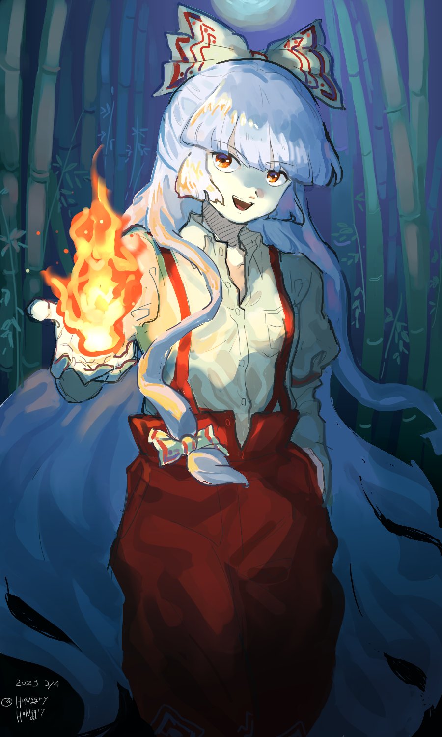 1girl :d bamboo bamboo_forest bangs blunt_bangs bow collared_shirt commentary_request dated feet_out_of_frame fire flame forest fujiwara_no_mokou hair_bow hand_in_pocket hand_up highres hunggryhunggry juliet_sleeves long_hair long_sleeves looking_at_viewer nature night open_mouth pants puffy_sleeves red_bow red_eyes red_pants shirt signature smile solo suspenders touhou two-tone_bow very_long_hair white_bow white_hair white_shirt