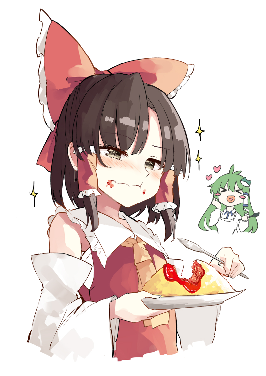 &gt;_&lt; 2girls apron ascot bangs bare_shoulders blush blush_stickers bow brown_eyes brown_hair closed_mouth commentary_request deetamu detached_sleeves eating food food_on_face frog_hair_ornament green_hair hair_bow hair_ornament hair_tubes hakurei_reimu heart highres holding holding_spoon japanese_clothes kappougi kochiya_sanae long_hair multiple_girls nontraditional_miko omelet omurice open_mouth red_bow sidelocks simple_background smile snake_hair_ornament sparkle spoon touhou white_background white_sleeves wide_sleeves yellow_ascot