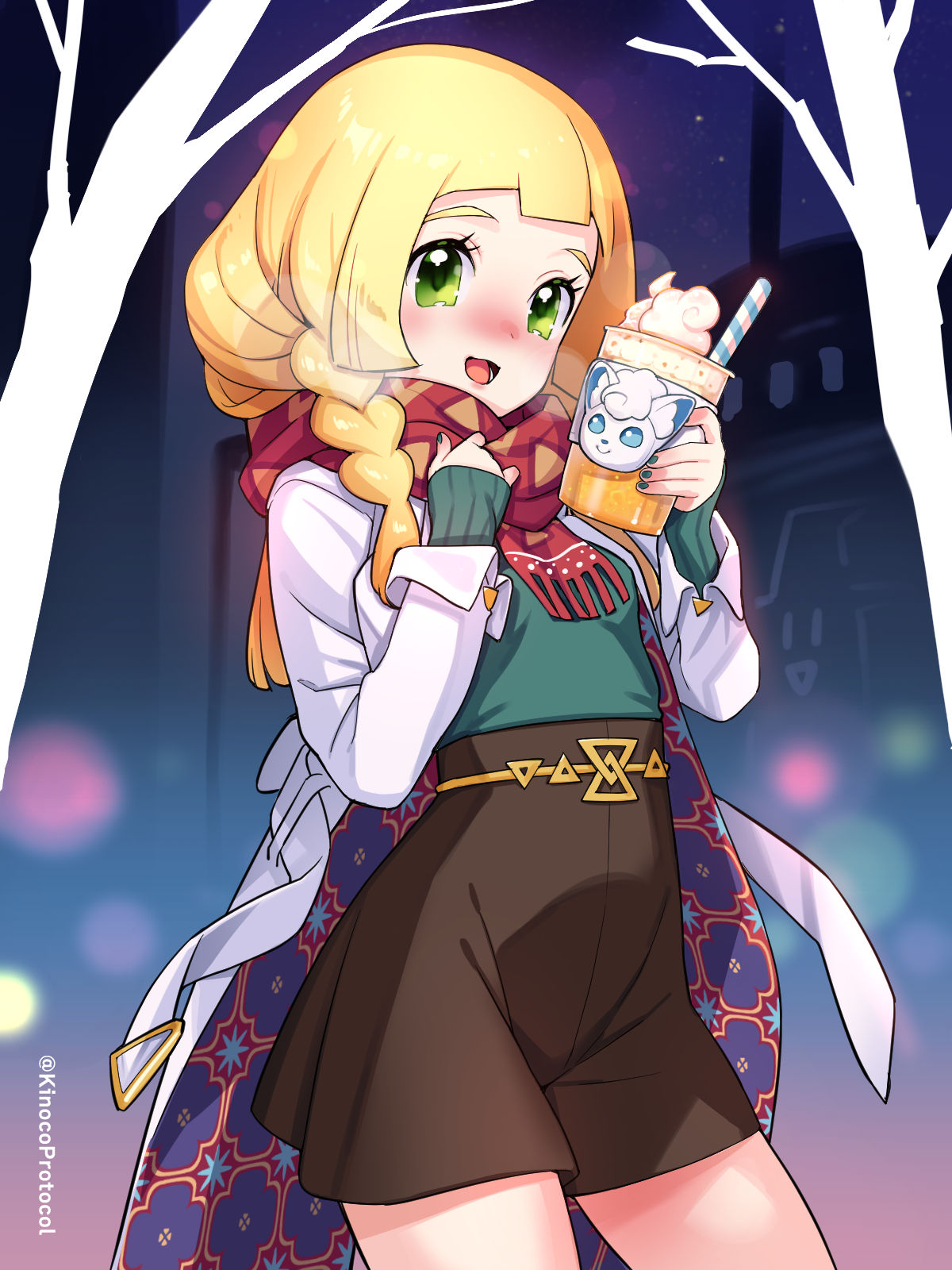 1girl :d alolan_vulpix bangs blonde_hair blunt_bangs blush braid brown_shorts character_print coat commentary_request cosplay cup dessert drinking_straw elesa_(palentine's_2023)_(pokemon) elesa_(pokemon) elesa_(pokemon)_(cosplay) eyelashes food green_eyes green_shirt high-waist_shorts highres holding holding_cup kinocopro lillie_(pokemon) long_hair lower_teeth_only night open_clothes open_coat open_mouth outdoors pokemon pokemon_(game) pokemon_masters_ex pokemon_sm red_scarf scarf shirt shorts sky sleeves_past_wrists smile solo teeth tongue twitter_username watermark white_coat