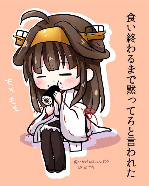 1girl ahoge brown_hair brown_skirt chibi detached_sleeves double_bun eating ehoumaki food frilled_skirt frills full_body hair_bun headgear japanese_clothes kantai_collection kongou_(kancolle) kongou_kai_ni_(kancolle) long_hair lr_hijikata makizushi ribbon-trimmed_sleeves ribbon_trim sitting skirt solo sushi translation_request twitter_username violet_eyes