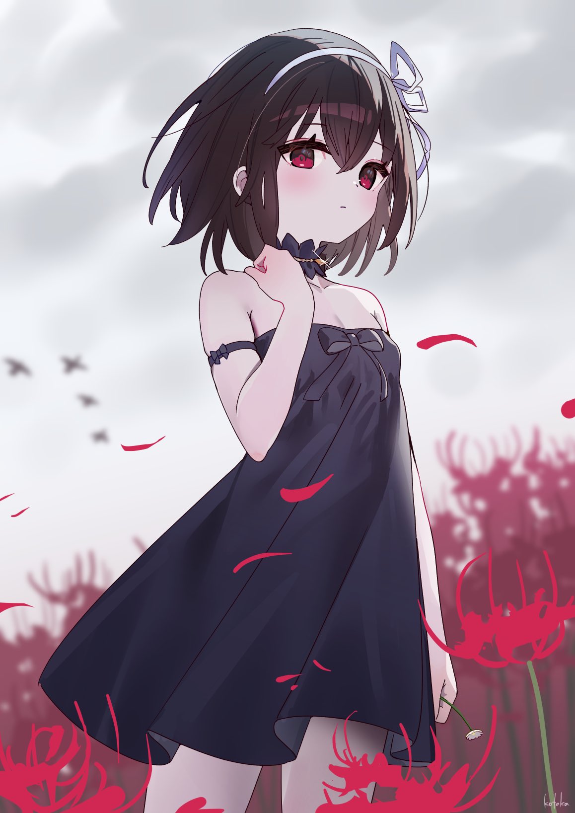 1girl armlet bangs bird black_choker black_dress black_hair blurry blurry_background breasts choker closed_mouth commentary daisy dress expressionless falling_petals field flower flower_field frilled_choker frills hairband hand_up highres holding holding_flower looking_at_viewer original outdoors overcast petals red_eyes red_flower short_hair signature small_breasts solo spider_lily standing white_hairband zenshin
