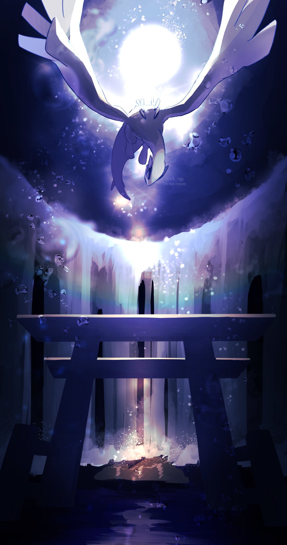 arch blurry commentary_request eko_(wk_egg) flying from_below highres lugia moon night no_humans pokemon pokemon_(creature) solo torii twitter_username water water_drop waterfall watermark