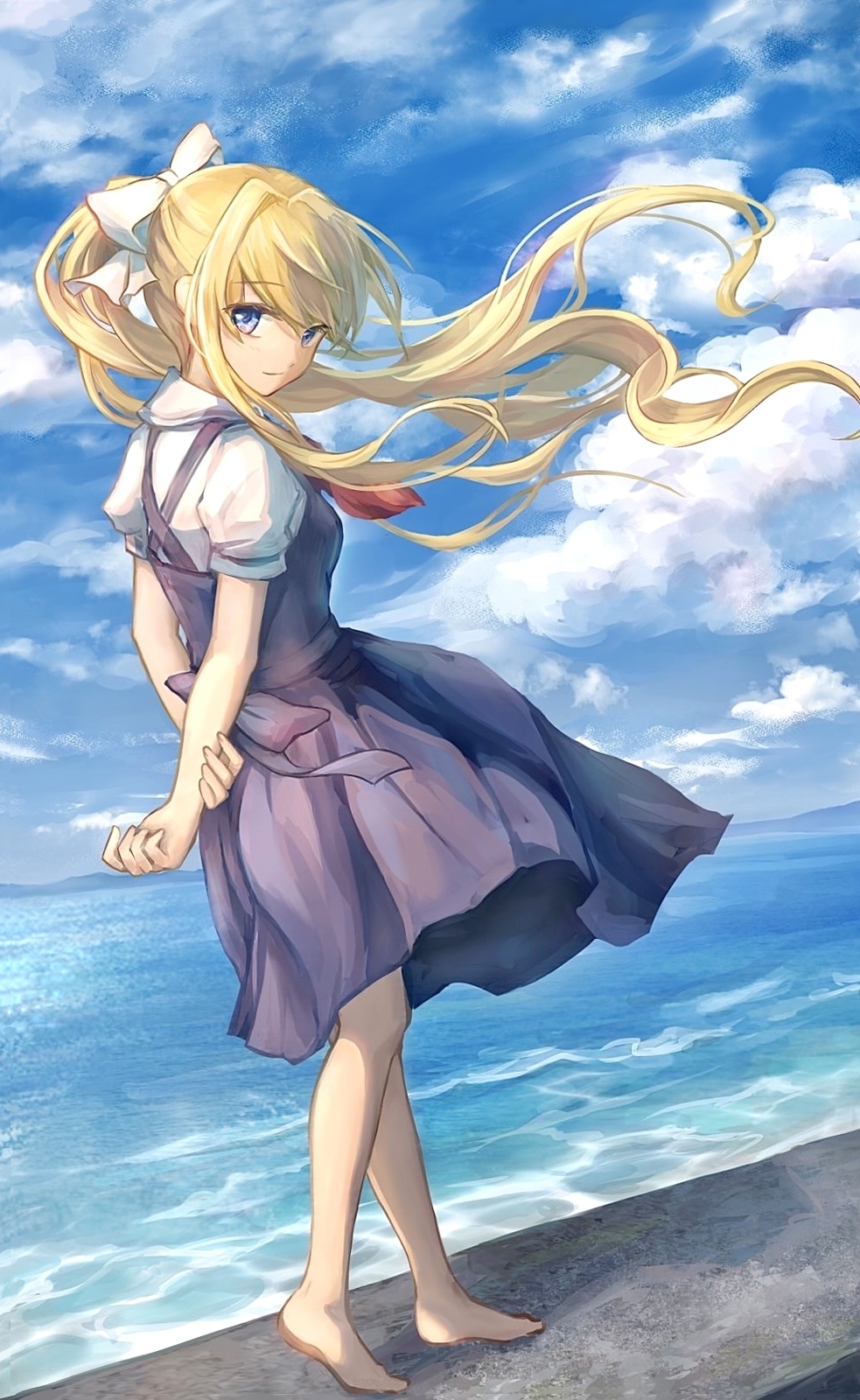1girl air_(visual_novel) arms_behind_back ascot bangs barefoot black_dress blonde_hair blue_eyes blue_sky closed_mouth clouds commentary_request dress full_body highres holding_own_arm horizon kamio_misuzu kurau476 long_hair looking_at_viewer ocean outdoors ponytail red_ascot shirt short_sleeves sky solo summer white_shirt