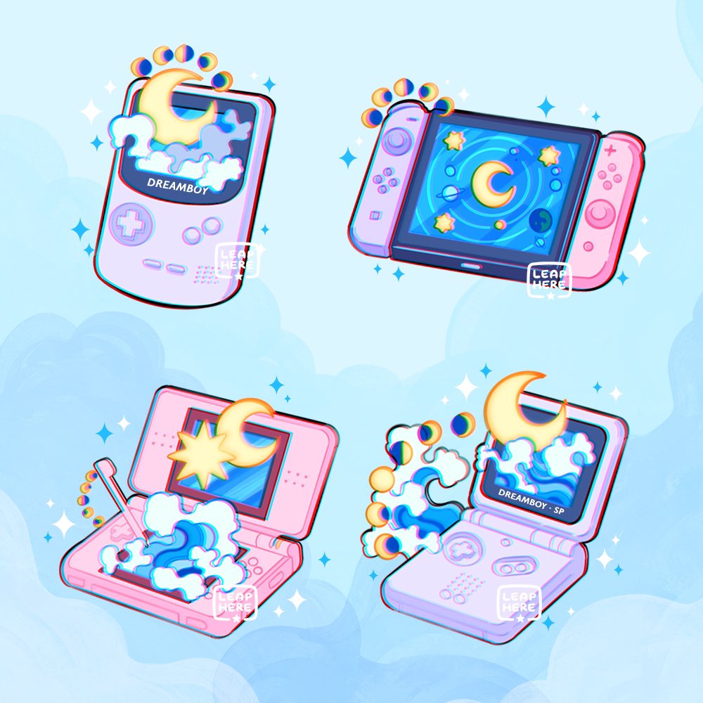 artist_name blue_background cloud_background commentary crescent_moon english_commentary game_boy game_boy_advance_sp game_boy_color handheld_game_console leaphere moon moon_phases nintendo nintendo_ds nintendo_switch no_humans orbital_path simple_background sparkle star_(symbol) stylus sun water waves
