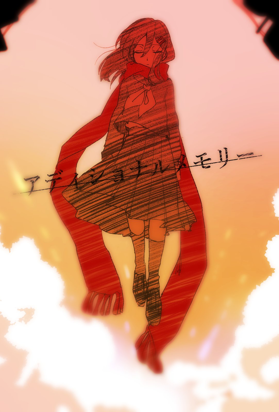 1girl additional_memory_(vocaloid) arms_at_sides blurry blurry_foreground closed_eyes closed_mouth clouds commentary enpera expressionless facing_viewer floating_hair floating_scarf fringe_trim full_body gradient_sky hair_between_eyes hair_ornament hairclip highres kagerou_project loafers long_hair long_scarf long_sleeves mekakucity_actors midair mokemoke_chan neckerchief orange_sky outdoors pink_sky pleated_skirt red_scarf sailor_collar scarf school_uniform serafuku shoes skirt sky socks solo song_name sunset tateyama_ayano