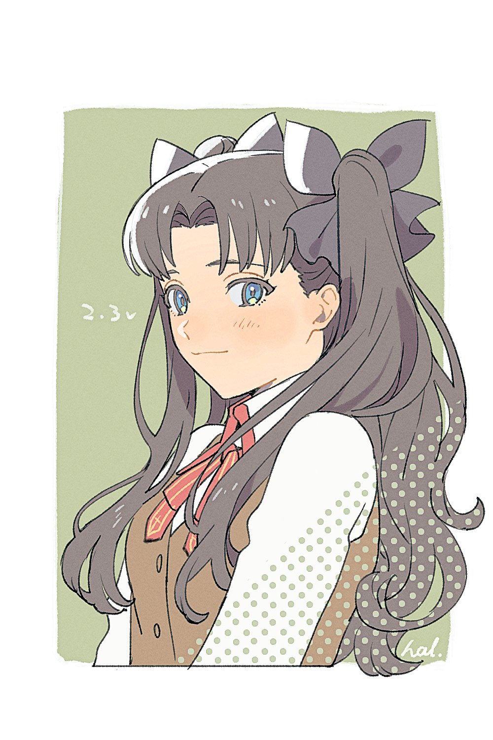 1girl bangs black_hair blue_eyes blush border bow brown_vest buttons collared_shirt dated fate/stay_night fate_(series) green_background hair_bow hal_(haaaalhal) highres homurahara_academy_school_uniform long_hair outside_border polka_dot red_bow school_uniform shirt signature solo tohsaka_rin twintails upper_body vest white_border white_shirt