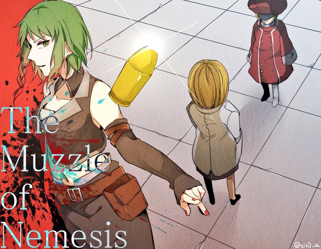 3girls asterisk_(oa_ir) bare_shoulders boots braid bullet buttons cabbie_hat coat collar crop_top detached_collar detached_sleeves double-breasted evillious_nendaiki frown green_eyes green_hair grey_collar grey_footwear grey_skirt grey_sleeves gumi hands_in_pockets hat holster jacket kagamine_rin labcoat levia_(evillious_nendaiki) lilith_baldured long_skirt looking_at_viewer midriff miniskirt multiple_girls navel nemesis_no_juukou_(vocaloid) nemesis_sudou oversized_clothes oversized_hat red_headwear red_jacket red_nails side_braid skirt sleeveless sleeveless_jacket sleeves_past_fingers sleeves_past_wrists song_name tile_floor tiles very_long_sleeves vocaloid wavy_hair white_coat