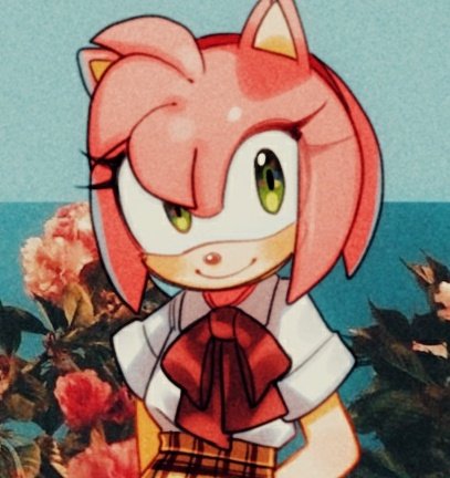 1girl amy_rose animal_ears animal_nose arms_behind_back black_skirt blue_background blush bow bowtie breasts brown_skirt closed_mouth collared_shirt eyelashes floral_background flower furry furry_female green_eyes hairband hedgehog_ears hedgehog_girl leaf looking_to_the_side lowres medium_breasts miniskirt pink_flower pink_fur plaid plaid_skirt red_bow red_bowtie red_hairband shirt short_sleeves skirt smile solo sonic_(series) sucho upper_body white_shirt wing_collar