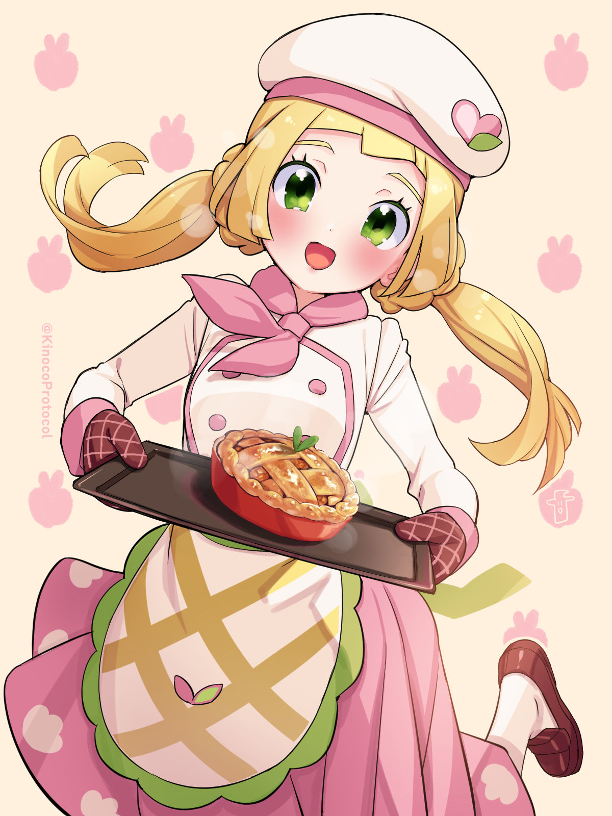 1girl :d apple_pie apron baking_sheet bangs blonde_hair blunt_bangs blush brown_footwear brown_mittens buttons commentary_request cosplay double-breasted eyelashes floating_hair green_eyes hat highres kinocopro lillie_(pokemon) long_hair long_sleeves mallow_(pokemon) mallow_(pokemon)_(cosplay) open_mouth oven_mitts pink_skirt pokemon pokemon_(game) pokemon_masters_ex pokemon_sm shirt shoes skirt smile socks solo tongue twintails twitter_username waist_apron watermark white_headwear white_socks