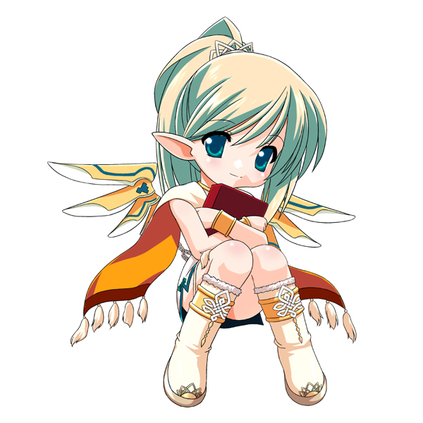 1girl 2000s_(style) bangs blue_eyes blue_wings book book_hug boots bracer chibi closed_mouth dress eiry eyes_visible_through_hair full_body fur-trimmed_boots fur_trim holding holding_book jewelry knee_boots knees_together_feet_apart light_green_hair long_hair looking_at_viewer mabinogi multicolored_wings neck_ring object_hug pointy_ears ponytail shinjou_satomi short_dress side_slit simple_background smile solo split_mouth tassel tiara white_background white_dress white_footwear white_wings wings yellow_wings