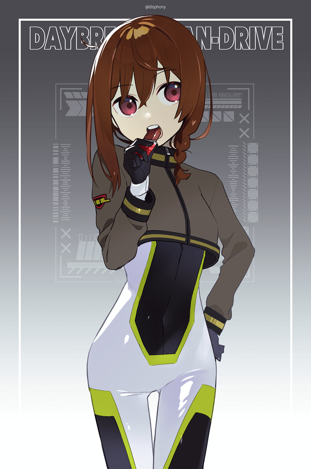 1girl ass_visible_through_thighs background_text bangs black_gloves bodysuit braid brown_hair candy candy_bar commentary_request covered_navel cropped_jacket eating food gloves gradient_background grey_background grey_jacket hair_between_eyes highres holding holding_food jacket kazune_rain long_hair long_sleeves looking_at_viewer original red_eyes single_braid solo thigh_gap white_background white_bodysuit