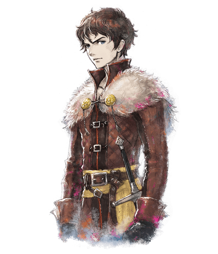 1boy belt blue_eyes brown_hair capelet closed_mouth cowboy_shot fur_capelet ikusy looking_at_viewer male_focus official_art serenoa_wolffort solo sprite standing sword transparent_background triangle_strategy weapon