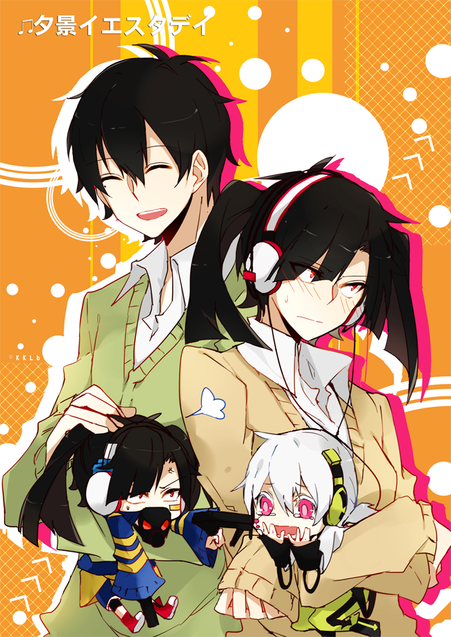 1girl 2boys arrow_(symbol) at_gunpoint bad_gun_anatomy black_hair blue_jacket brown_cardigan cardigan chevron_(symbol) chibi circle closed_eyes closed_mouth collared_shirt commentary enomoto_takane facial_mark facing_to_the_side full_body gas_mask green_cardigan green_pants grid gun haikimono_shounen hand_on_another's_head hand_to_own_mouth handgun headphones holding holding_gun holding_weapon jacket kagerou_project kokonose_haruka konoha_(kagerou_project) long_sleeves looking_at_another looking_away mask mole mole_under_eye multicolored_clothes multicolored_jacket multiple_boys musical_note open_collar open_mouth orange_background pants red_eyes red_footwear scared shirt shoes side-by-side sleeves_past_wrists smile song_name striped striped_background striped_jacket symbol-only_commentary tears teeth twintails two-tone_footwear two-tone_jacket upper_body upper_teeth_only vertical_stripes weapon white_footwear white_hair white_shirt wide-eyed yellow_jacket yuukei_yesterday_(vocaloid)