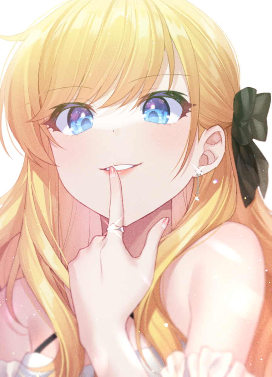1girl bangs bare_shoulders black_bow blonde_hair blue_eyes bow earrings finger_to_mouth grin hair_bow highres idolmaster idolmaster_cinderella_girls jenevan jewelry long_hair looking_at_viewer official_alternate_costume ohtsuki_yui parted_lips portrait ring simple_background smile solo sparkle teeth white_background