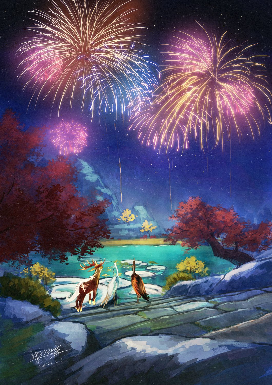 aerial_fireworks bird bush cloud_retainer_(genshin_impact) commentary_request crane_(animal) dated deer facing_away fireworks genshin_impact highres in-universe_location kaminaga_mutsumi lily_pad moon_carver_(genshin_impact) moss mountain_shaper_(genshin_impact) night night_sky no_humans outdoors rock scenery signature sky stairs star_(sky) starry_sky tree water