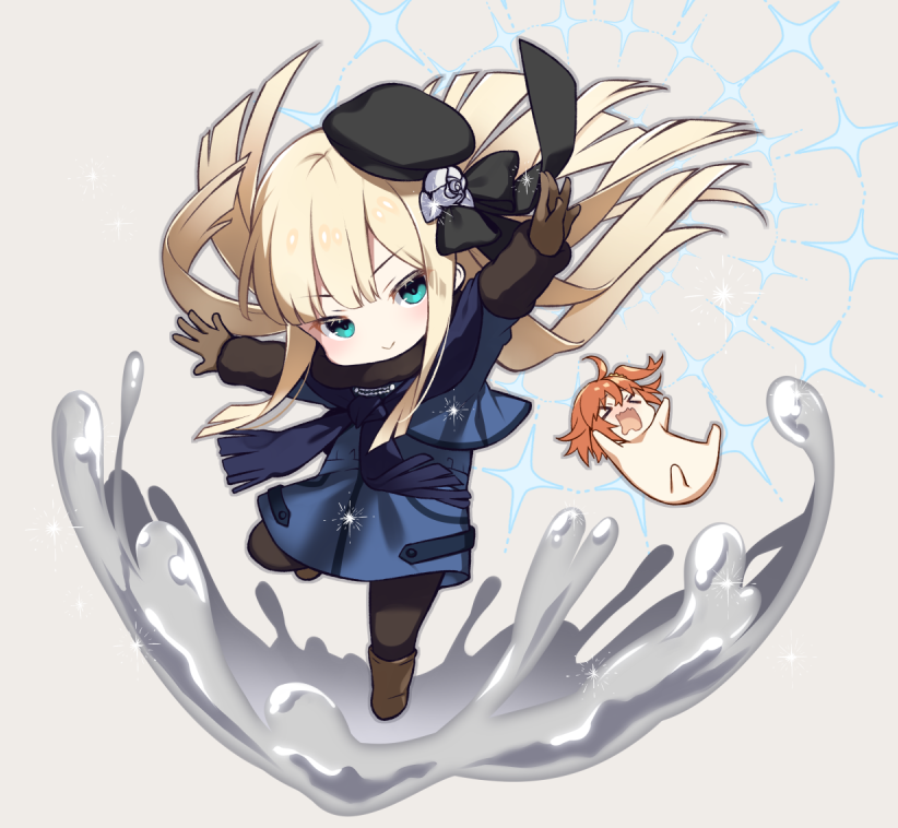 &gt;o&lt; 2girls ahoge bangs black_headwear blonde_hair blue_coat blue_scarf boots brown_footwear brown_pantyhose character_request chibi closed_mouth coat fate/grand_order fate_(series) green_eyes hat honda_tamanosuke knee_boots long_sleeves looking_at_viewer multiple_girls orange_hair outstretched_arms pantyhose scarf