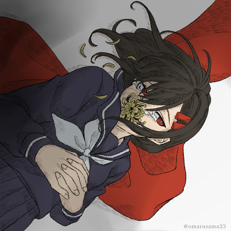 1girl black_hair black_sailor_collar black_serafuku black_skirt bright_pupils chrysanthemum covered_mouth crying crying_with_eyes_open fingernails flower flower_over_mouth from_above grey_background hands_on_own_stomach interlocked_fingers kagerou_project long_sleeves looking_away lying monochrome_background neckerchief on_back own_hands_together petals pleated_skirt red_eyes red_scarf sailor_collar scarf scarf_removed school_uniform serafuku skirt sleeve_cuffs slit_pupils solo tateyama_ayano tears upper_body white_background white_neckerchief yaoyorozu_23 yellow_flower