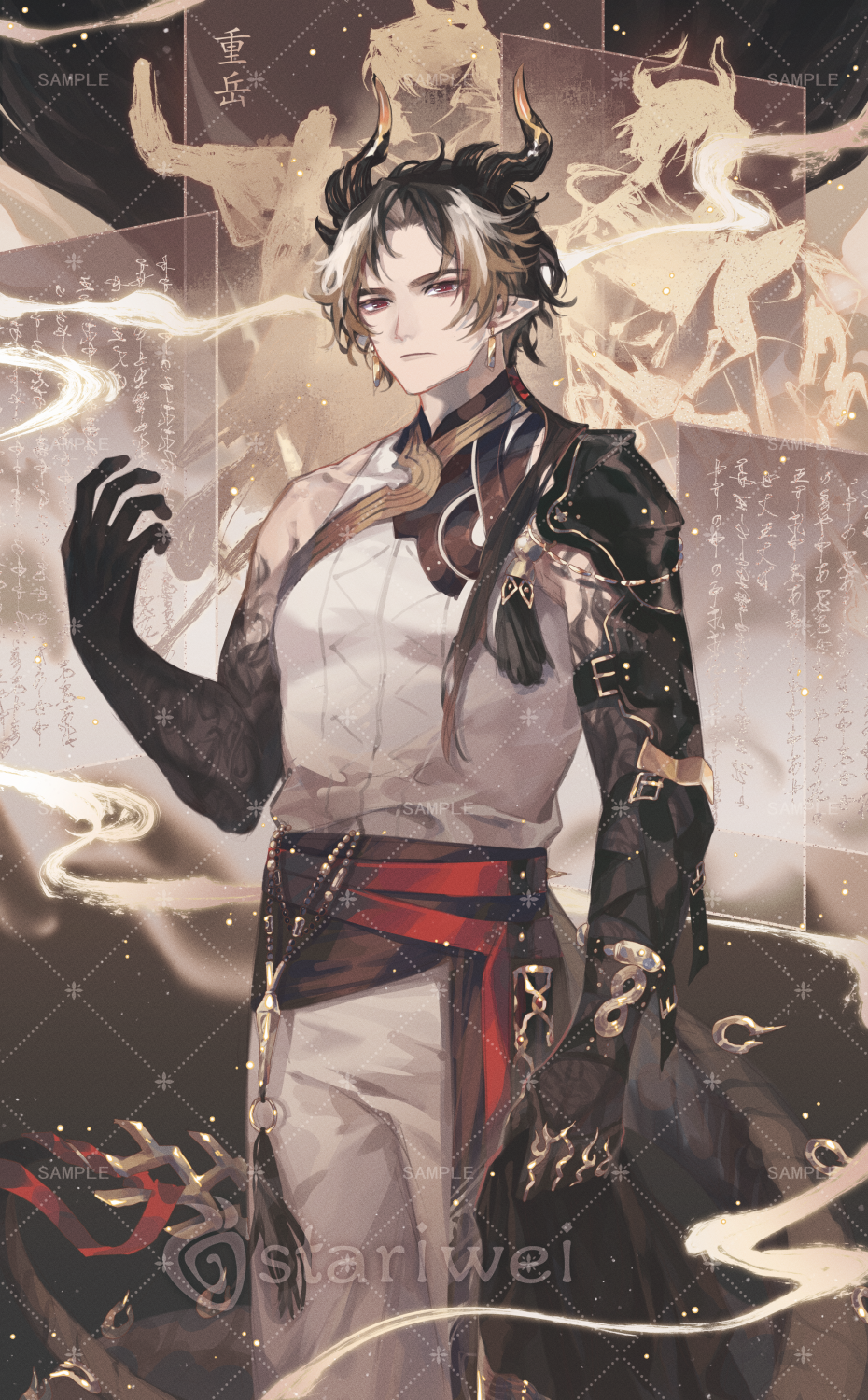 1boy arknights artist_name bishounen black_gloves brown_hair chinese_clothes chong_yue_(arknights) cowboy_shot dragon_boy dragon_horns gloves highres horns male_focus multicolored_hair pointy_ears red_eyes sleeveless solo stariwei streaked_hair tagme white_hair