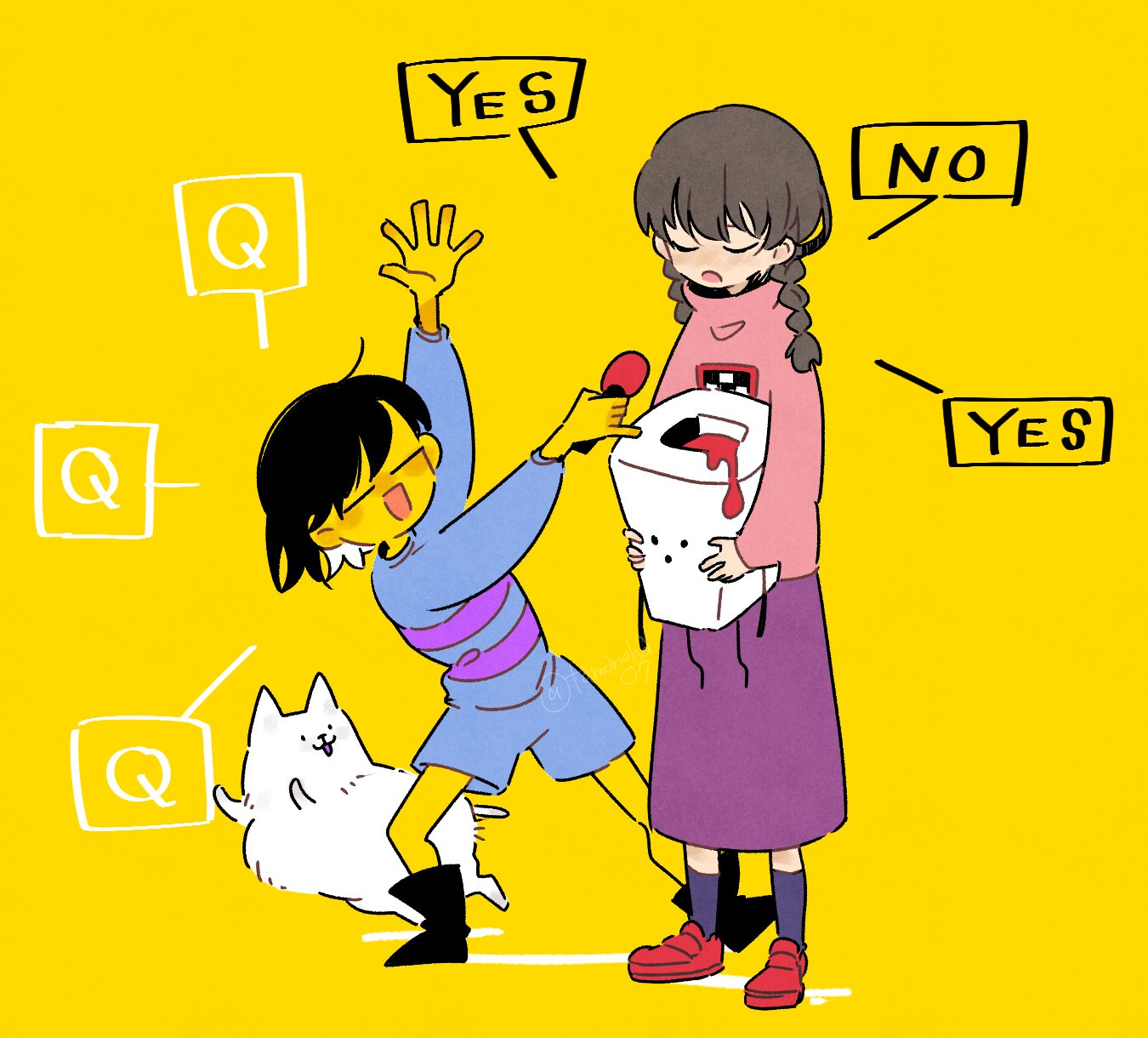 1girl 1other annoying_dog bangs black_hair blue_shorts braid brown_hair closed_eyes dog frisk_(undertale) highres holding holding_microphone interview long_hair madotsuki microphone no open_mouth pink_sweater purple_skirt shirt short_hair shorts skirt smile striped striped_shirt sweater tamanoha_(cookware) twin_braids undertale yellow_background yes yume_nikki