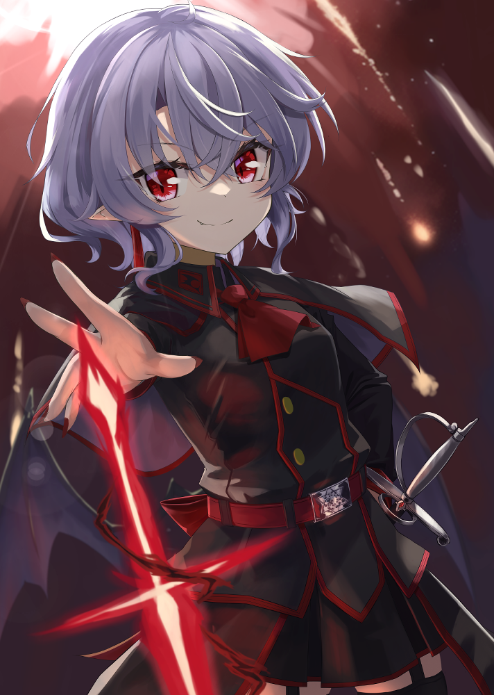 1girl akisome_hatsuka alternate_costume ascot bangs bat_wings black_capelet black_jacket blue_hair capelet closed_mouth commentary_request crossed_bangs fang fingernails jacket long_fingernails looking_at_viewer military military_uniform pointy_ears red_ascot red_eyes red_nails remilia_scarlet short_hair smile solo spear_the_gungnir touhou uniform wings