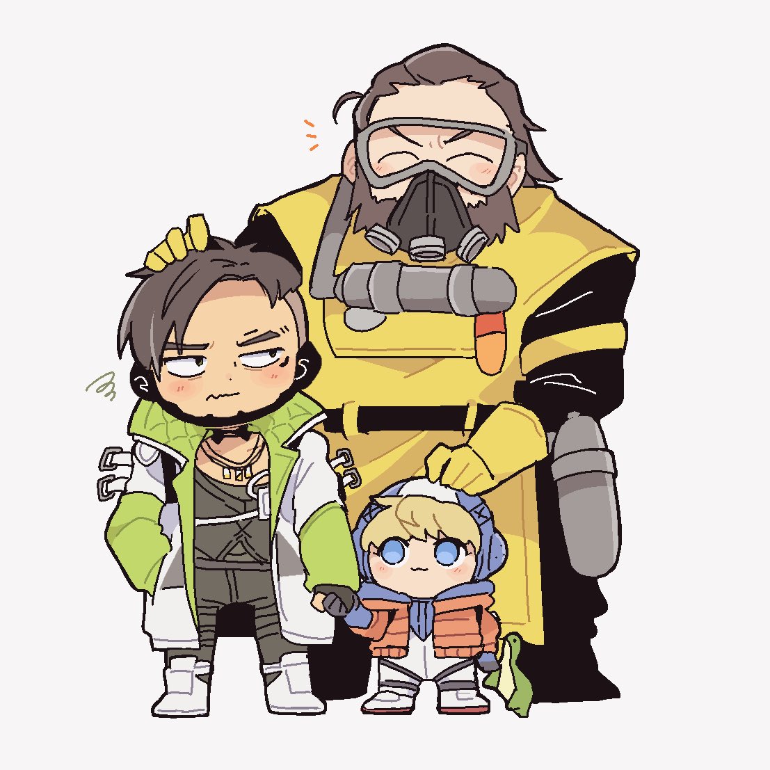 :3 ^_^ animification apex_legends beard black_eyes black_hair blonde_hair blue_eyes blue_headwear brothers brown_hair caustic_(apex_legends) chibi closed_eyes commentary crypto_(apex_legends) facial_hair full_body gloves hair_slicked_back hand_on_another's_head headpat holding_hands hood hood_down hooded_jacket jacket multiple_boys nessie_(respawn) nojima_minami orange_jacket sanpaku short_hair siblings simple_background symbol-only_commentary wattson_(apex_legends) wavy_mouth white_jacket yellow_gloves