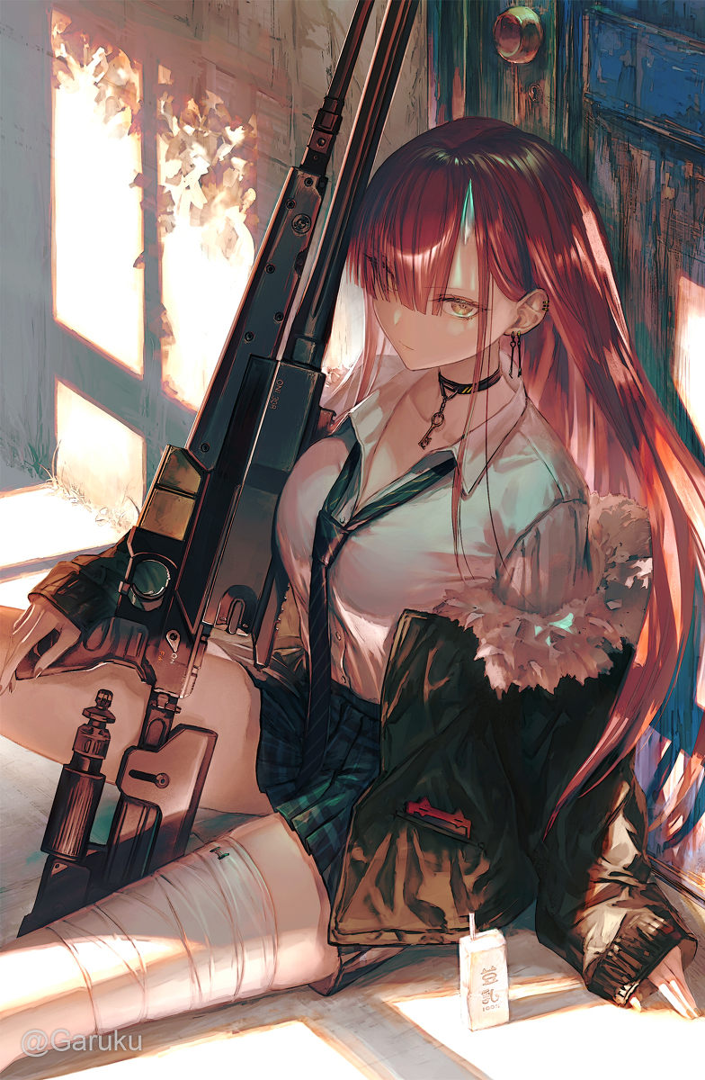 1girl bandages choker collarbone earrings from_above fur_collar garuku gun highres hime_cut indoors jacket jewelry key looking_at_viewer looking_up miniskirt necktie original pale_skin pleated_skirt redhead rifle shirt sitting skirt sniper_rifle solo weapon white_shirt yellow_eyes