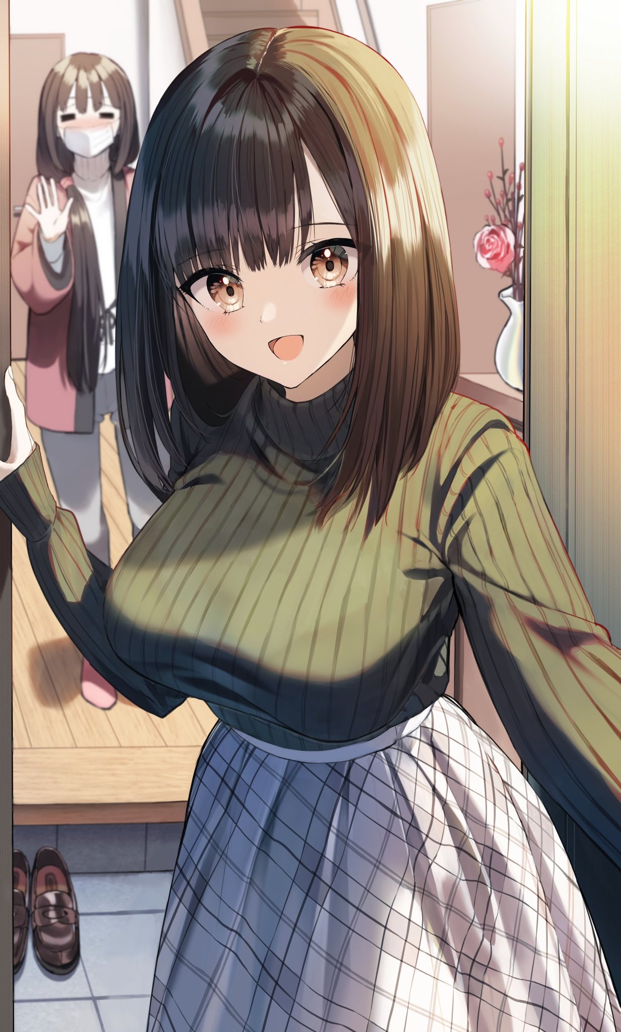 2girls =_= bangs black_hair blush breasts brown_footwear brown_hair closed_eyes commentary_request flower green_sweater grey_pants hair_over_shoulder highres large_breasts loafers long_hair long_sleeves looking_at_viewer low_twintails mask mouth_mask multiple_girls nose_blush open_clothes original pants pentagon_(railgun_ky1206) pink_flower pink_rose pink_socks plaid plaid_skirt rose shoes shoes_removed siblings sisters skirt sleeves_past_wrists socks solo_focus surgical_mask sweater turtleneck turtleneck_sweater twintails vase very_long_hair white_skirt white_sweater