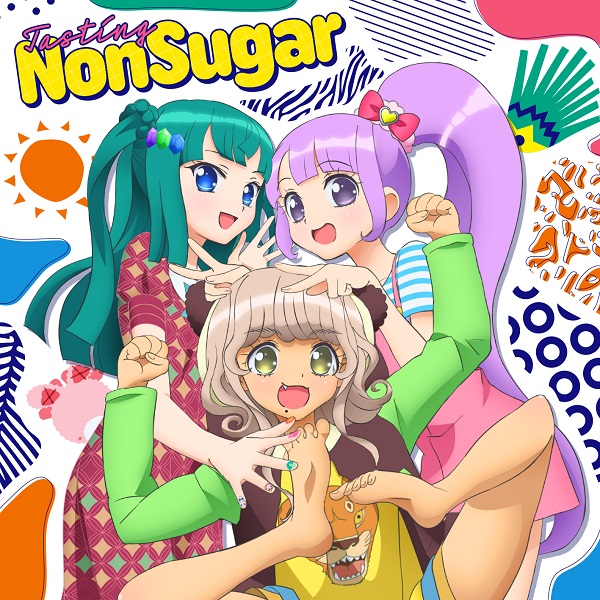 3girls :d album_cover arms_up barefoot blue_eyes blush bow brown_hair clenched_hands commentary_request cover english_text fang green_hair hair_bow hair_ornament happy long_hair looking_at_viewer manaka_non multicolored_nails multiple_girls nail_polish official_art open_mouth ponytail pretty_(series) pripara purple_hair red_bow short_hair smile sun_symbol taiyou_pepper toes tsukikawa_chiri v very_long_hair violet_eyes